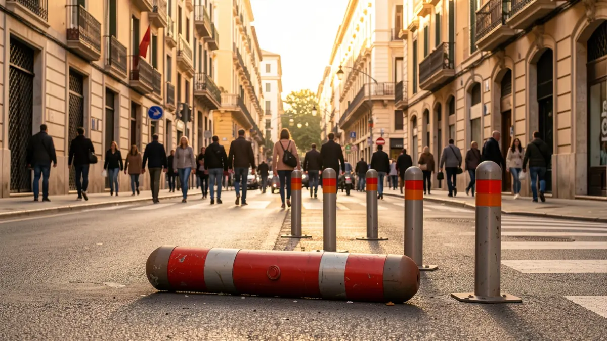 Pilones flexibles de tráfico en la calle Balmes de Barcelona, una de ellas aplastada en el suelo.