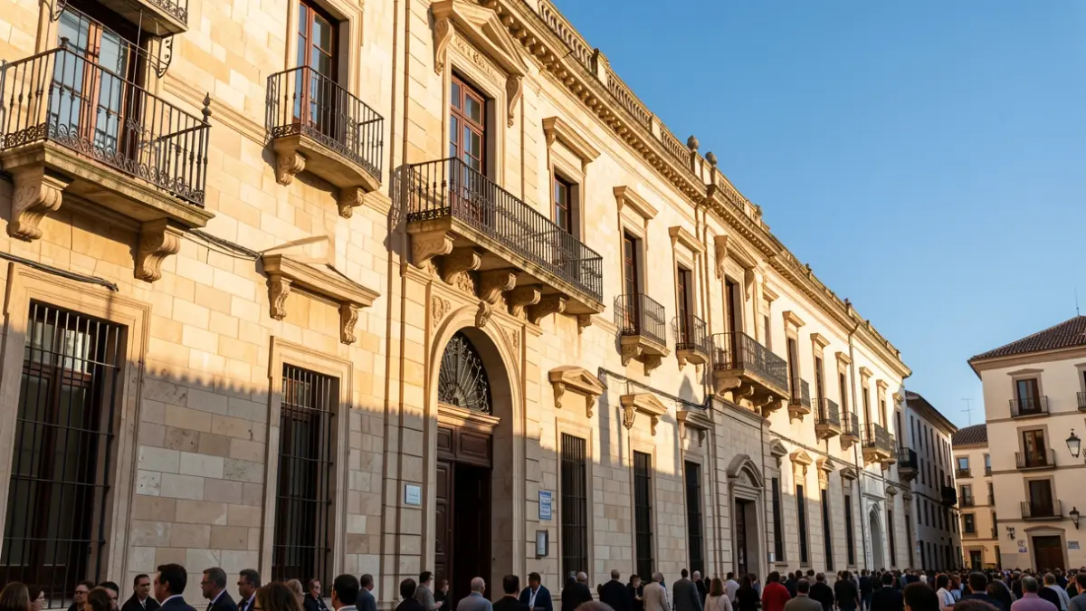 Façana de pedra d'un edifici universitari a Tarragona amb balcons i cel blau.