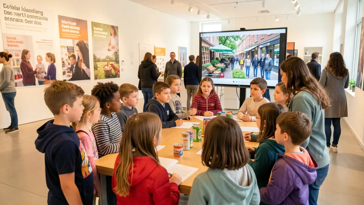 Nens i nenes presentant vídeos sobre comerç local a Manlleu.