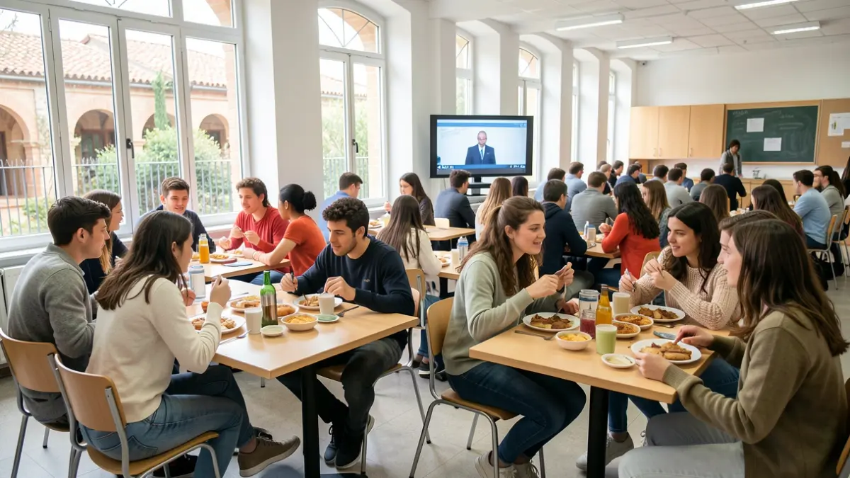 Young people eating in the school dining hall support service in Prats de Lluçanès.