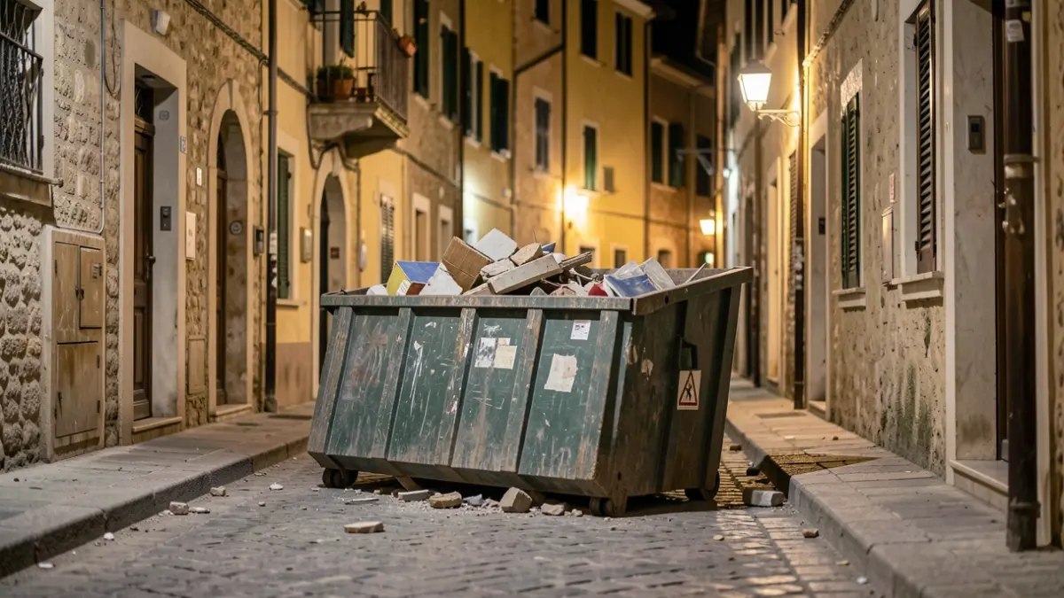 Contenedor de escombros mal colocado en una calle estrecha de noche, sin señalizar.