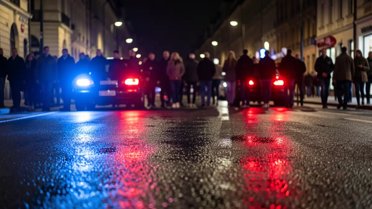 Imatge genèrica de llums d'emergència policials reflectint-se en asfalt mullat.