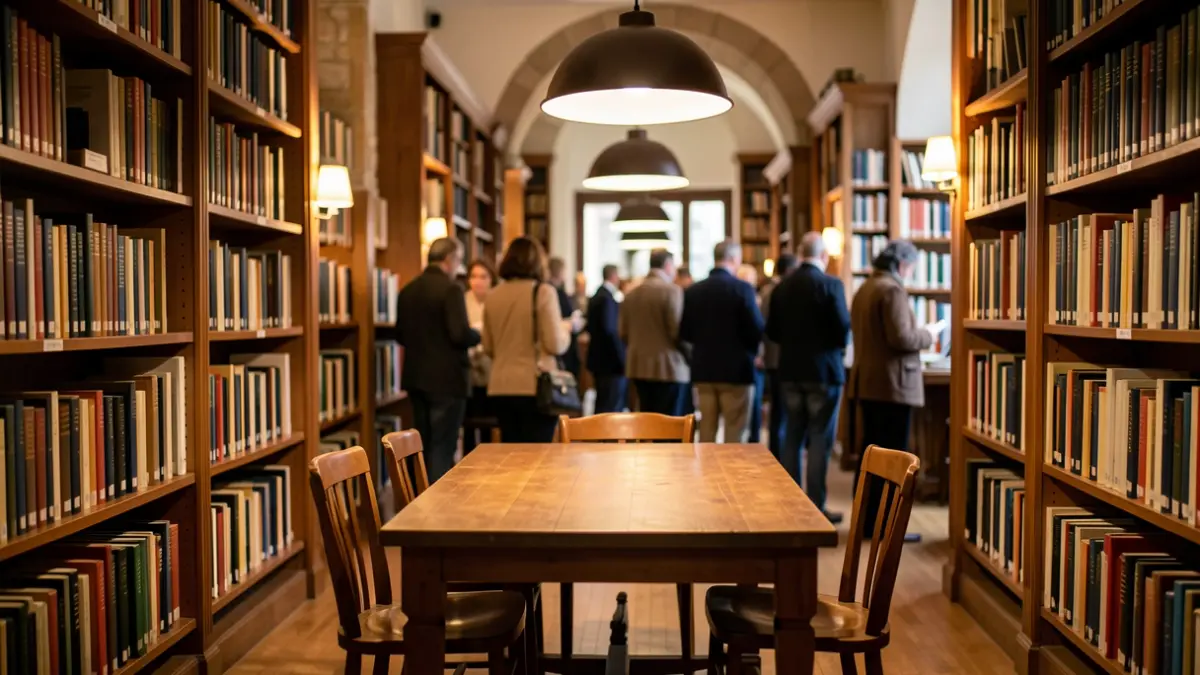 Interior d'una biblioteca a Catalunya amb prestatgeries i una taula preparada per a una conversa.
