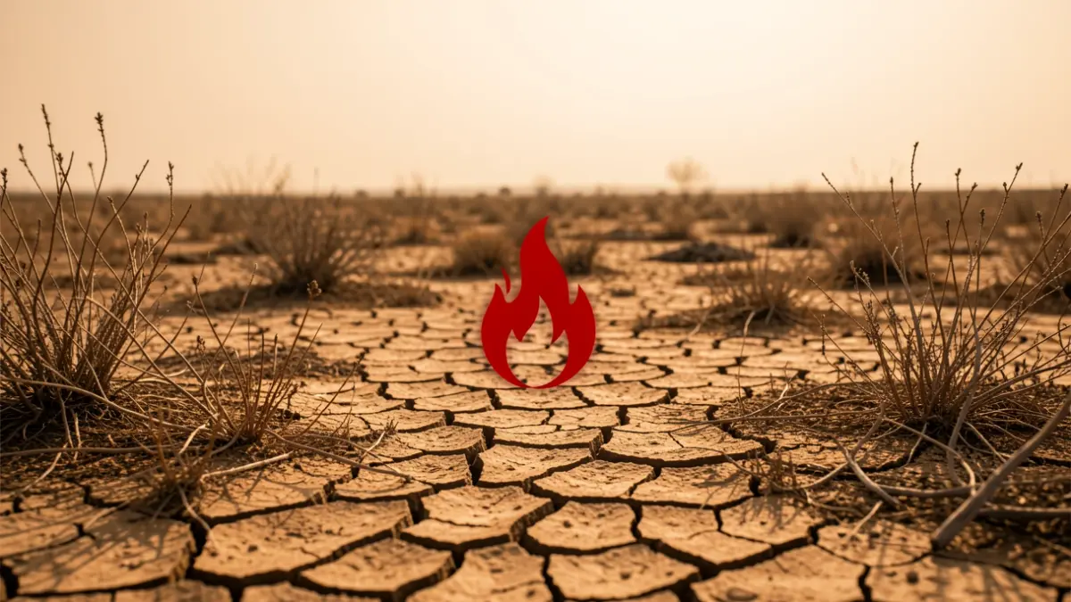Imatge genèrica d'un paisatge sec i agrietat amb un símbol de perill d'incendi.