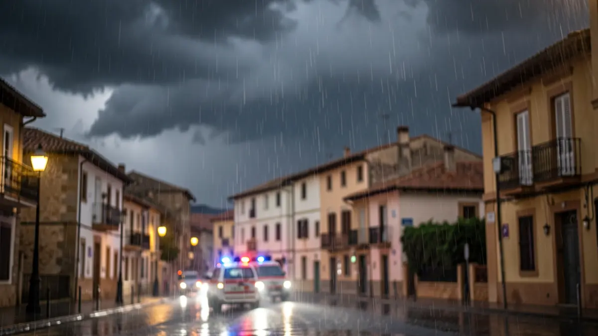 Generic image of a stormy sky over a Catalan town with heavy rain.