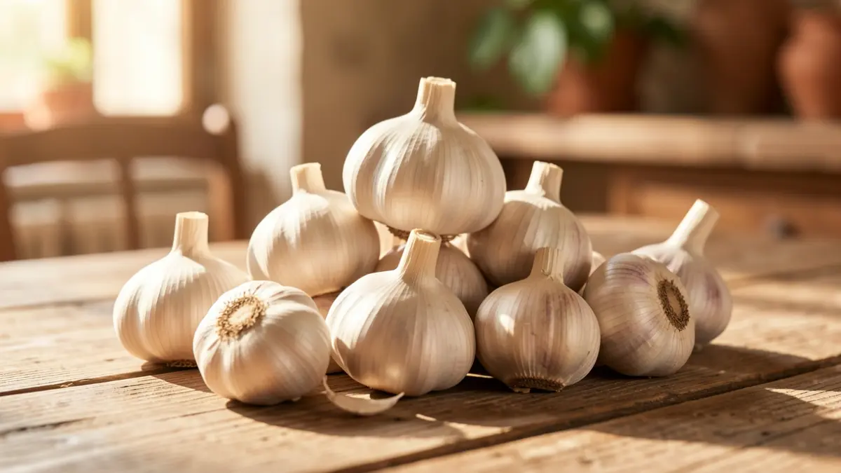 Generic image of garlic bulbs on a wooden table.