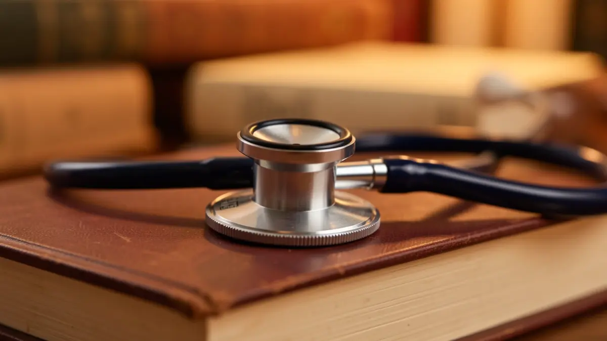 Veterinary stethoscope on books, symbolizing professional ethics.