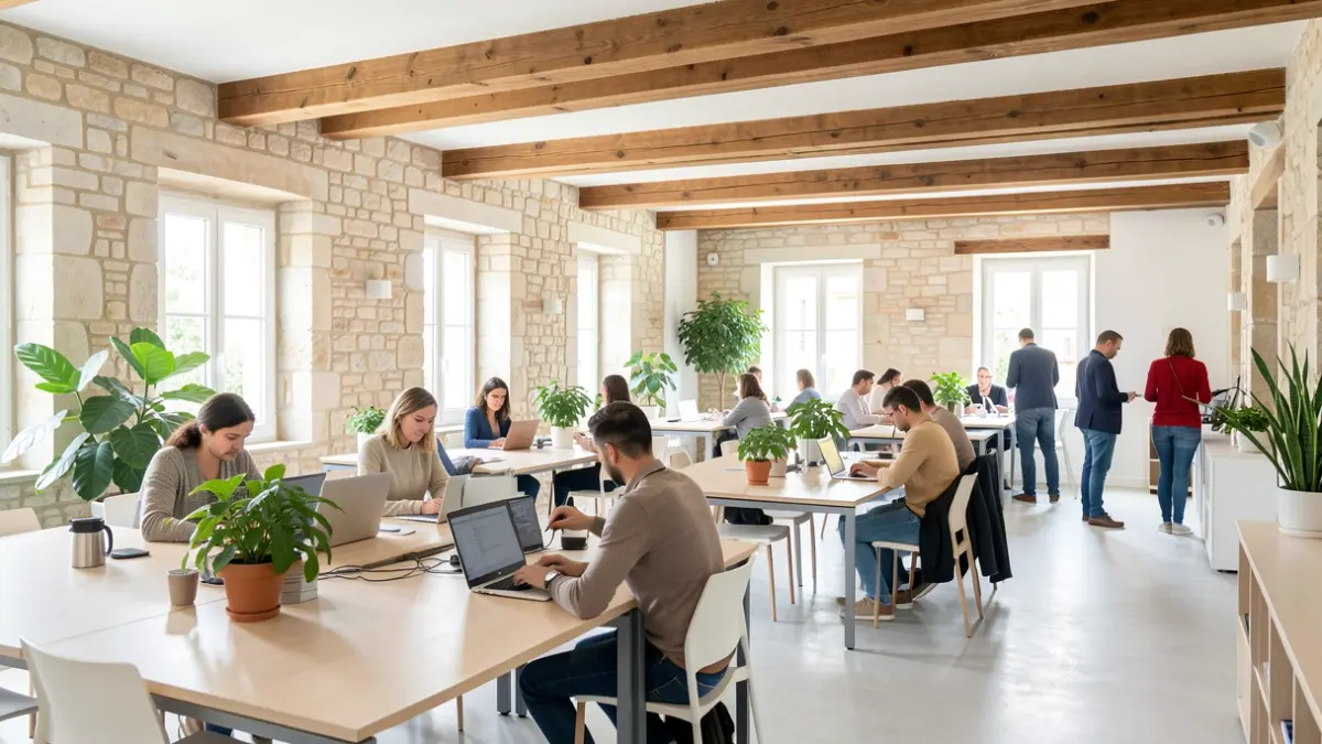 Espacio de coworking en Corbera de Llobregat con escritorios y plantas.