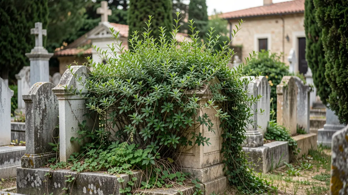 Vegetación creciendo sobre nichos en un cementerio.