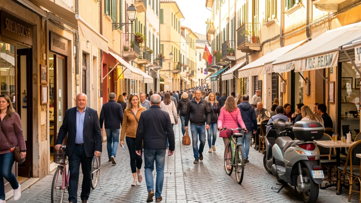Imagen de un paseo comercial con peatones, bicicletas y patinetes.