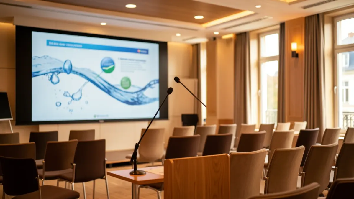 Imatge genèrica d'una sala de conferències amb material de presentació sobre sostenibilitat hídrica.