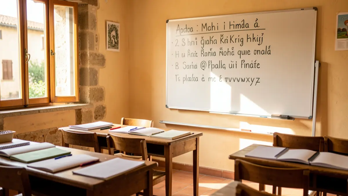 Aula de català a Corbera de Llobregat amb pissarra i material d'estudi.