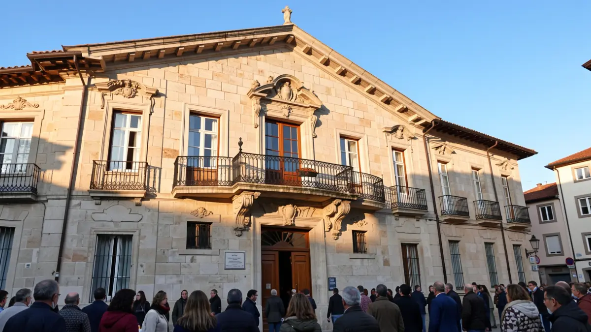 Stone facade of a Catalan town hall with a balcony and iron railings, illuminated by warm afternoon light.