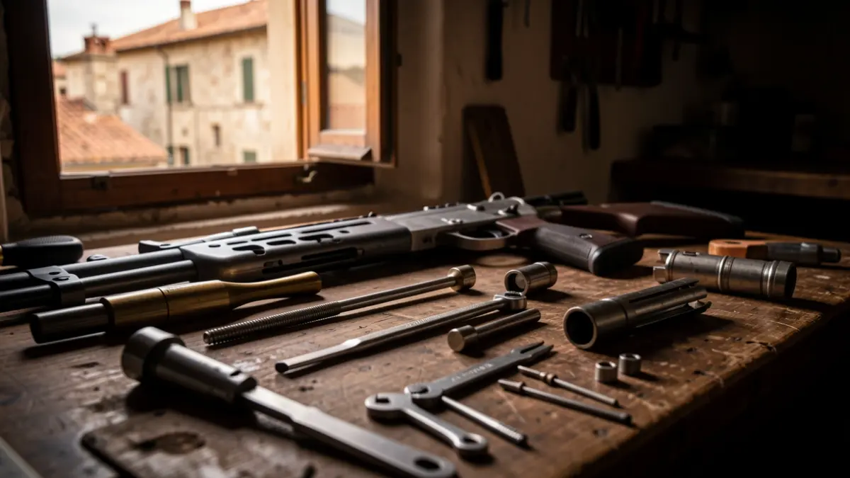 Generic image of an illegal weapons workshop with components and tools.