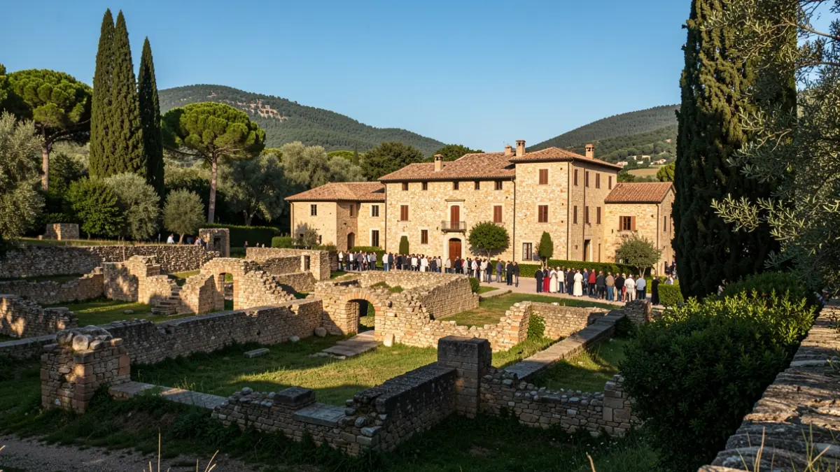 Ruinas de una villa romana en Cataluña bajo un cielo azul.