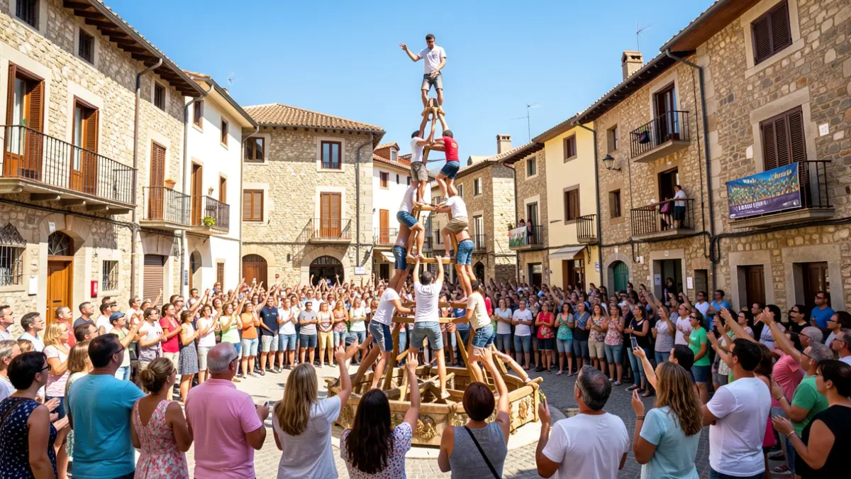 Generic image of a castellers event in a Catalan town square.