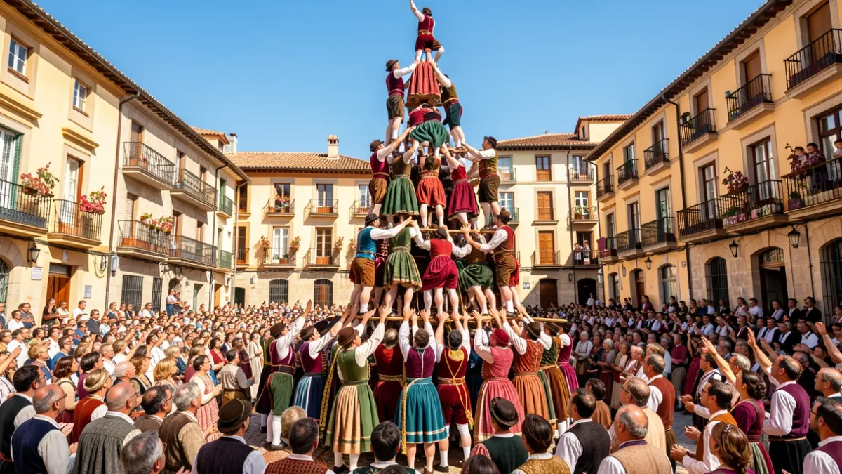 Imatge genèrica de castellers construint una torre humana a una plaça de Catalunya.