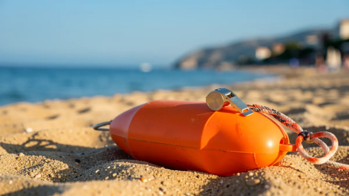 Lifeguard's rescue buoy and whistle on beach sand, with the Mediterranean Sea in the background.