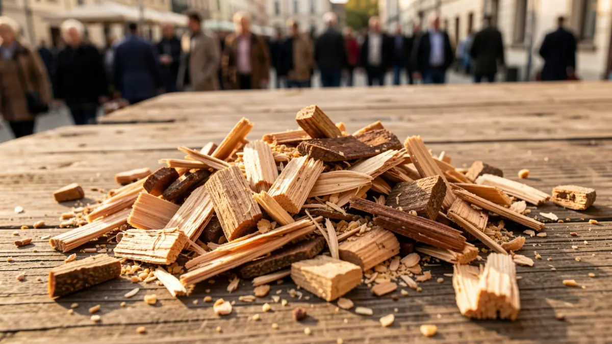 Close-up image of wood chips with varying moisture content and sizes.