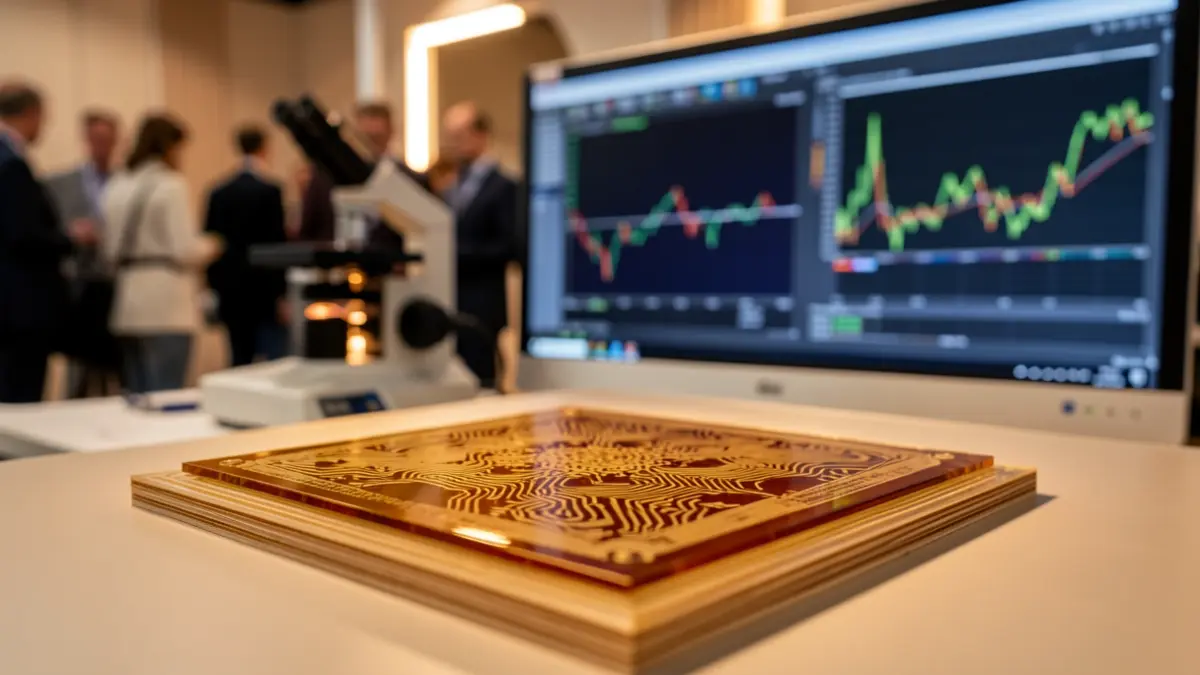 Thin film sample with intricate patterns and blurred laboratory equipment.