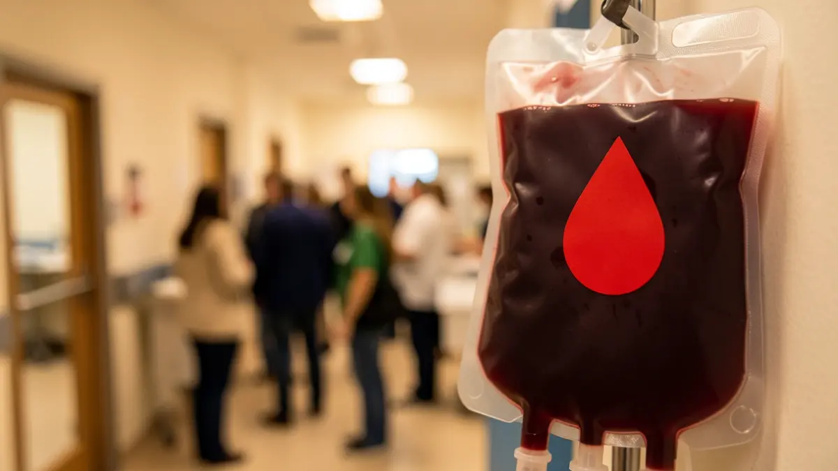 Blood bag with a red drop symbol, in a medical setting.