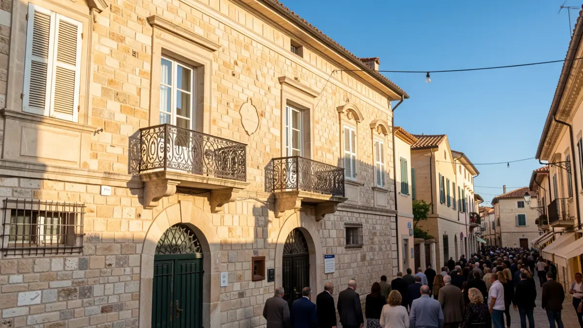 Façana d'un ajuntament de pedra amb balcó, llum de tarda.