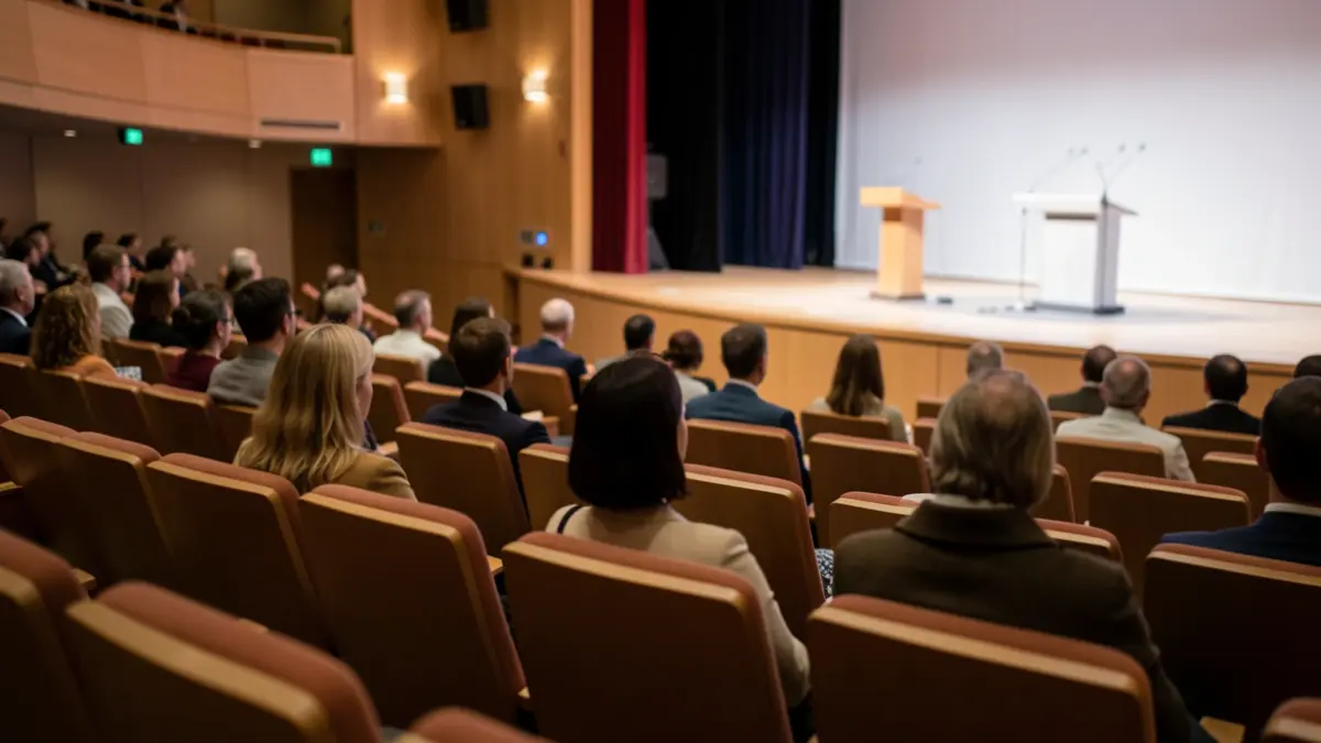 Imagen genérica de un auditorio vacío con un escenario y micrófonos.