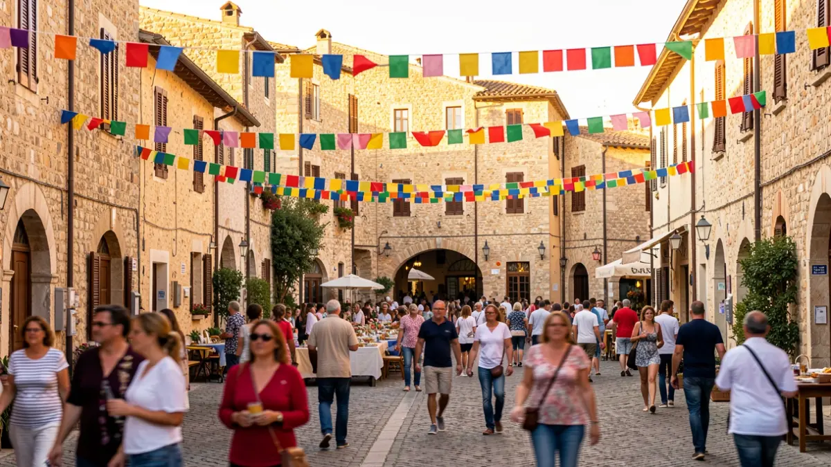 Imagen genérica de una plaza de pueblo mediterráneo durante una fiesta.