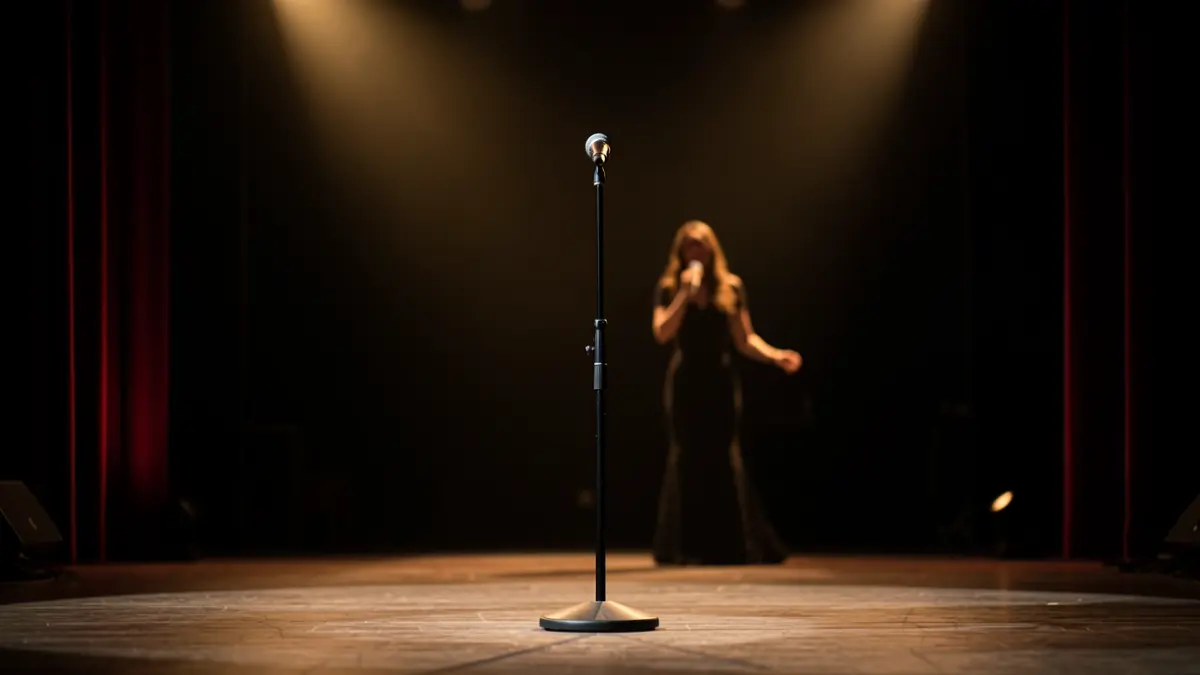 Escenari de teatre amb micròfon i silueta d'una cantant.