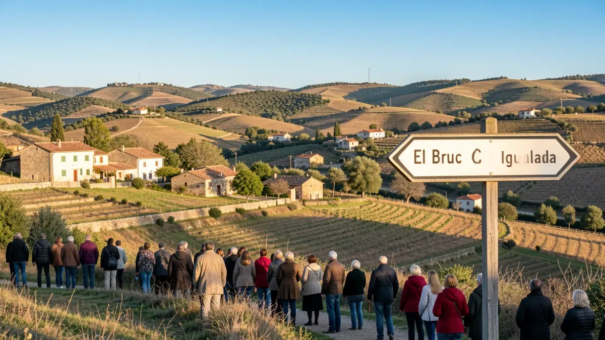 Road signage indicating El Bruc and Igualada in a Catalan rural landscape.