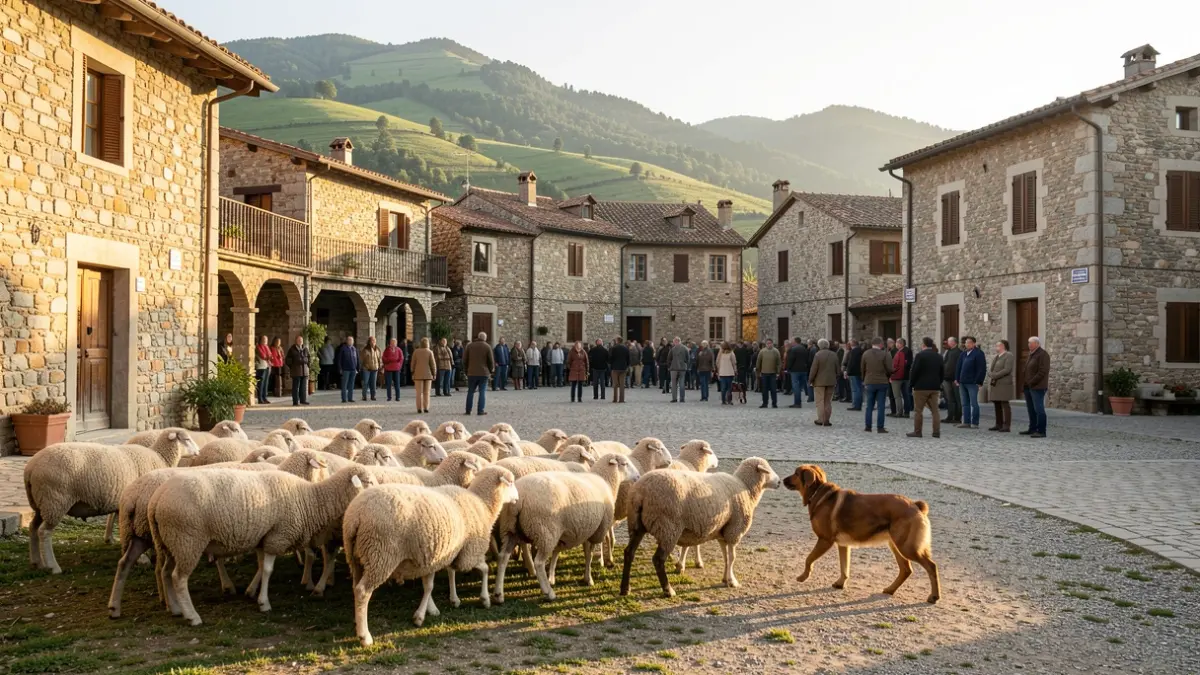 Imatge genèrica de transhumància d'ovelles cap a un poble del Montseny.
