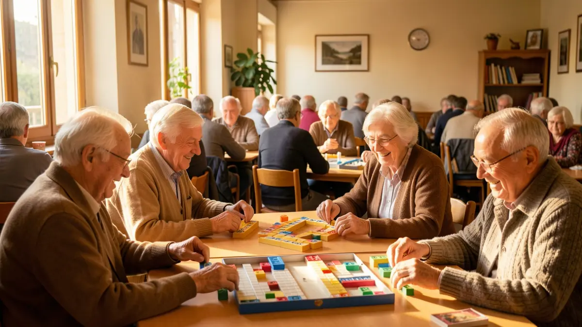 Elderly people playing board games at the Camprodon Community Center.