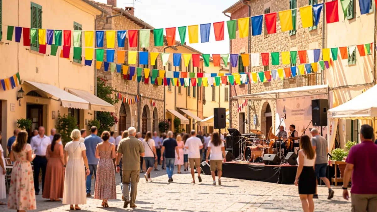 Imagen genérica de una fiesta popular en una plaza mediterránea con actividades y gente.