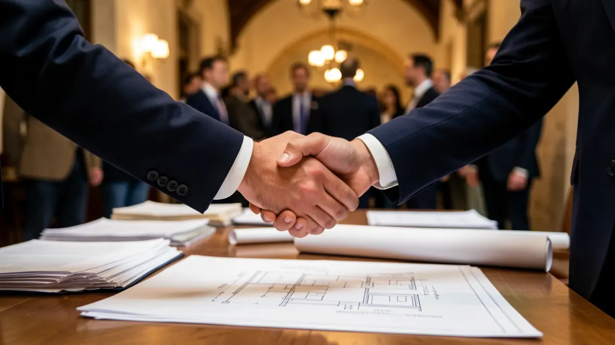 Dues mans intercanviant-se en una reunió professional sobre arquitectura.