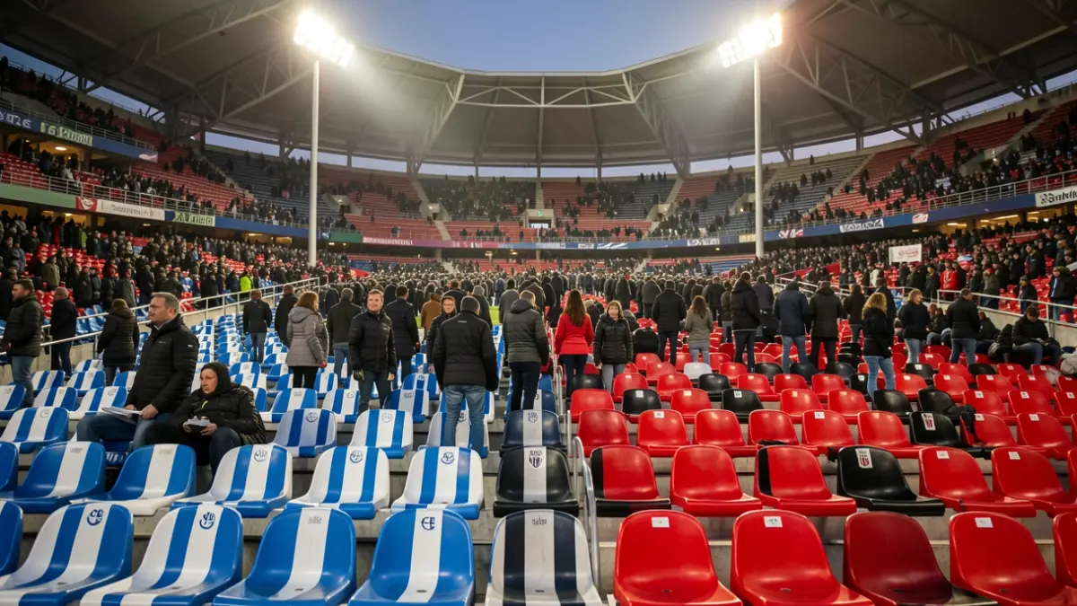 Vista genérica de un estadio de fútbol vacío con asientos de ambos equipos.