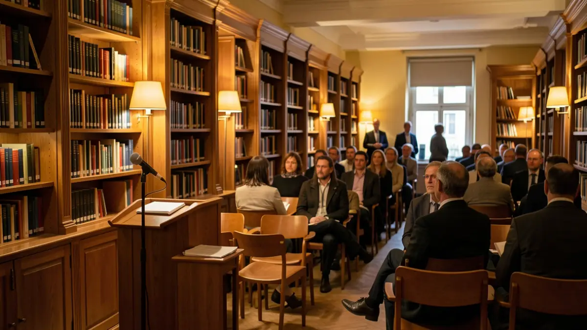 Interior d'una biblioteca amb prestatgeries de fusta i un faristol preparat per a una conferència.
