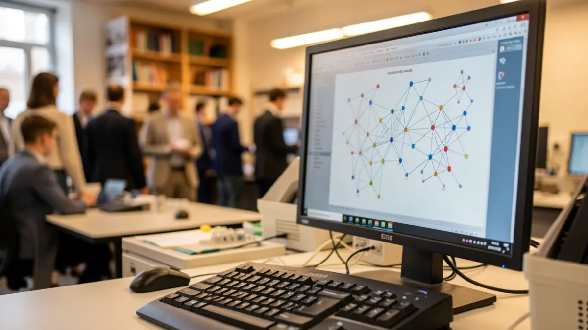 Imatge genèrica d'un entorn de recerca tecnològica amb ordinadors i gràfics de xarxes neuronals.