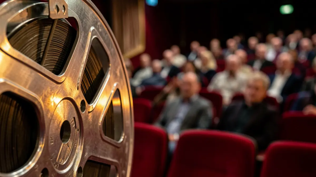 Close-up of a film reel with warm light reflecting on the metal, blurred background of a cinema interior with red velvet seats.
