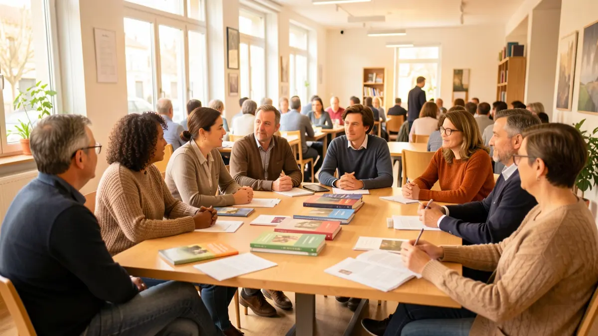 Group of people participating in a Catalan language conversation circle.