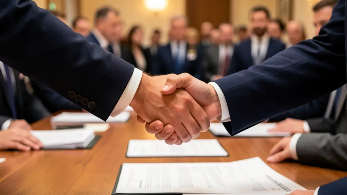 Dues mans encaixant-se sobre una taula amb documents, llum càlida d'oficina.