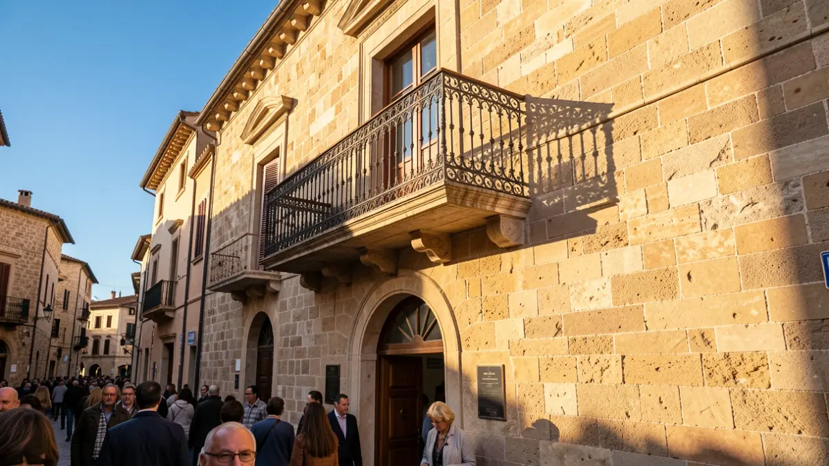 Stone facade of an institutional building with a balcony, under the afternoon sunlight.