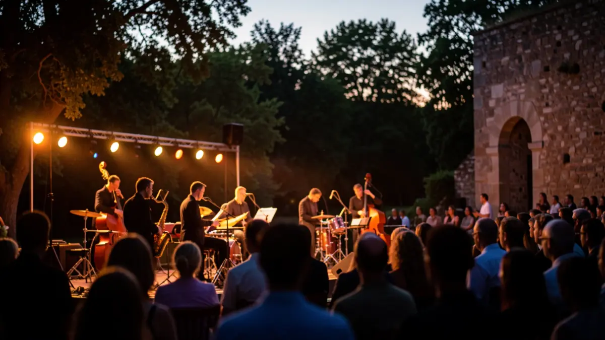 Imagen genérica de un festival de jazz al aire libre al atardecer en un entorno natural.