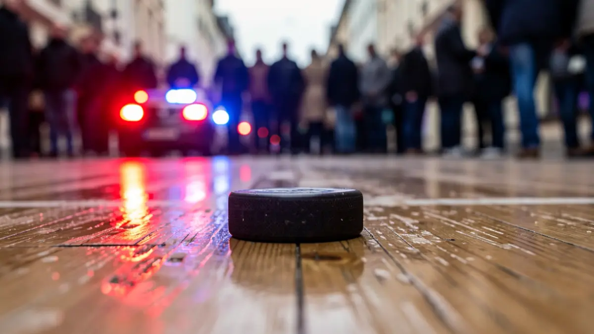 Generic image of a hockey rink with emergency lights.