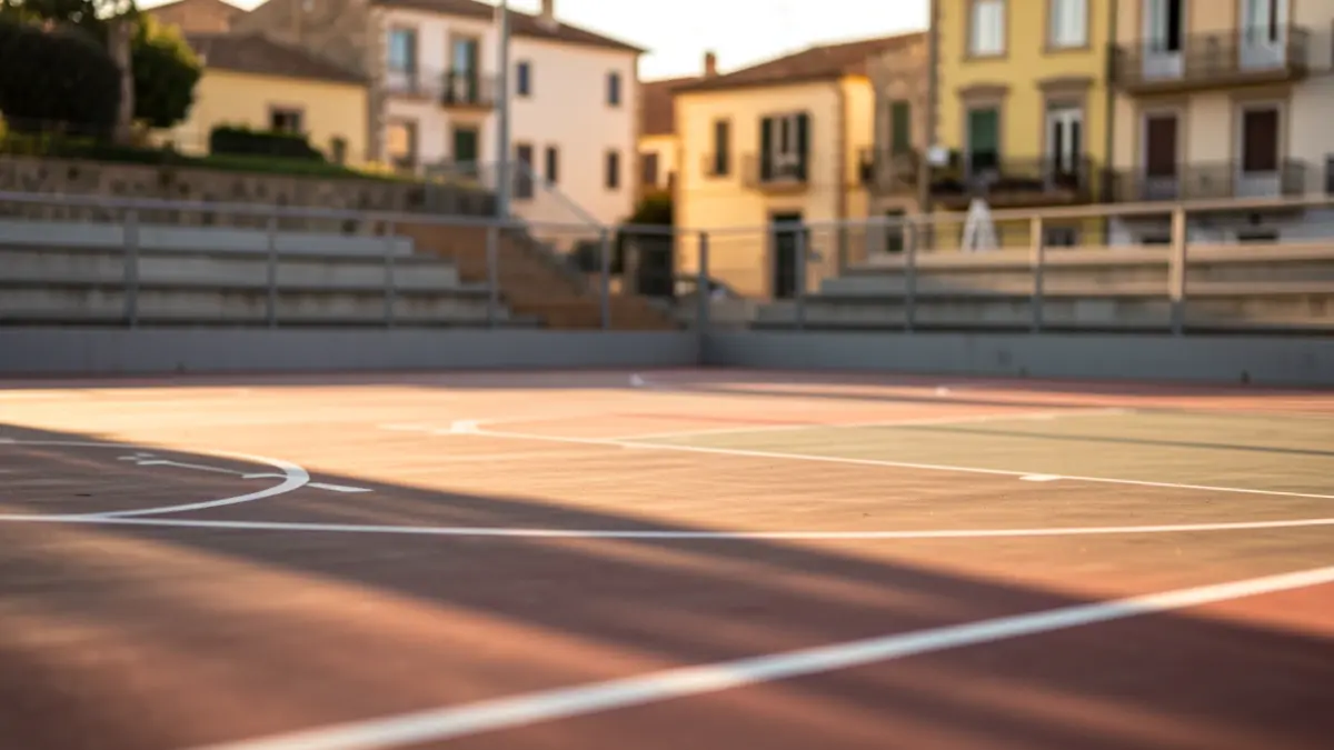 Pista de baloncesto en Palafrugell con luz de tarde.