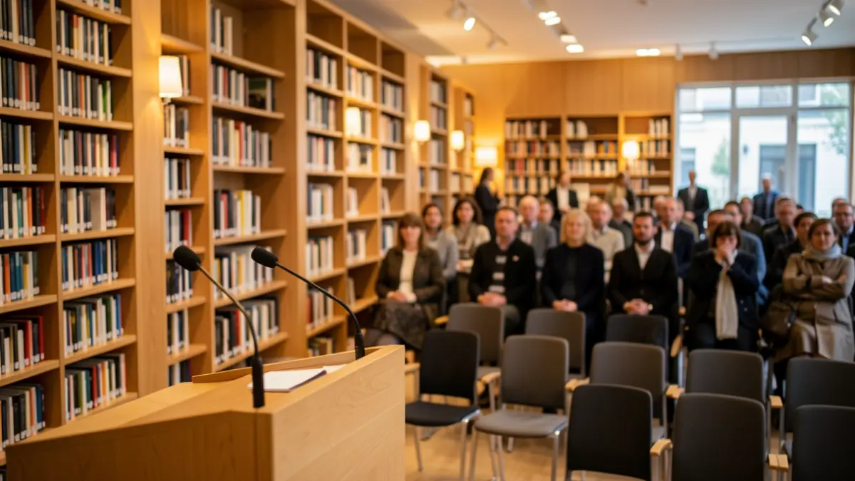 Imagen genérica de una biblioteca universitaria con un atril.