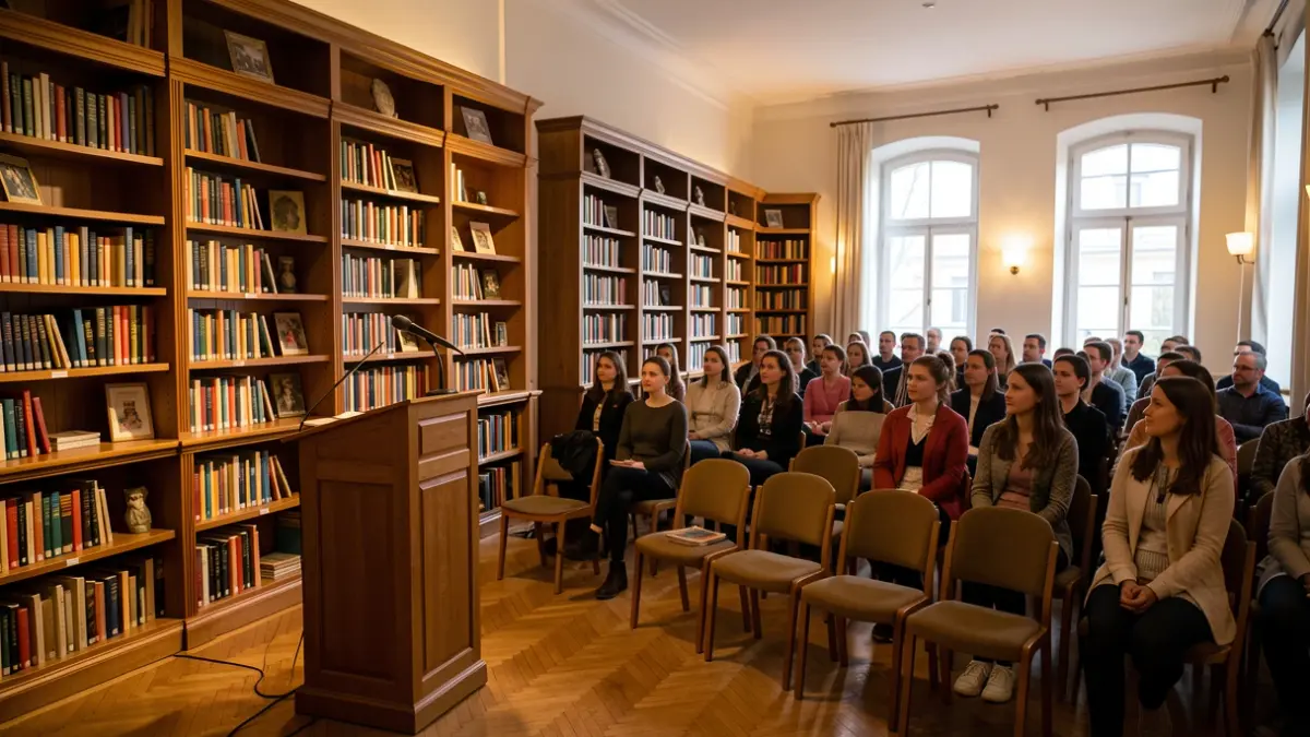 Generic image of a library with chairs and bookshelves, cozy atmosphere for children's activities.