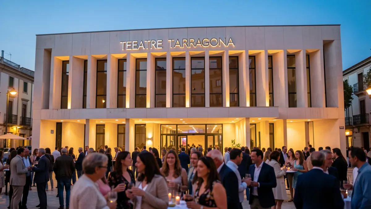 Facade of the Teatre Tarragona illuminated at dusk with people at the entrance.