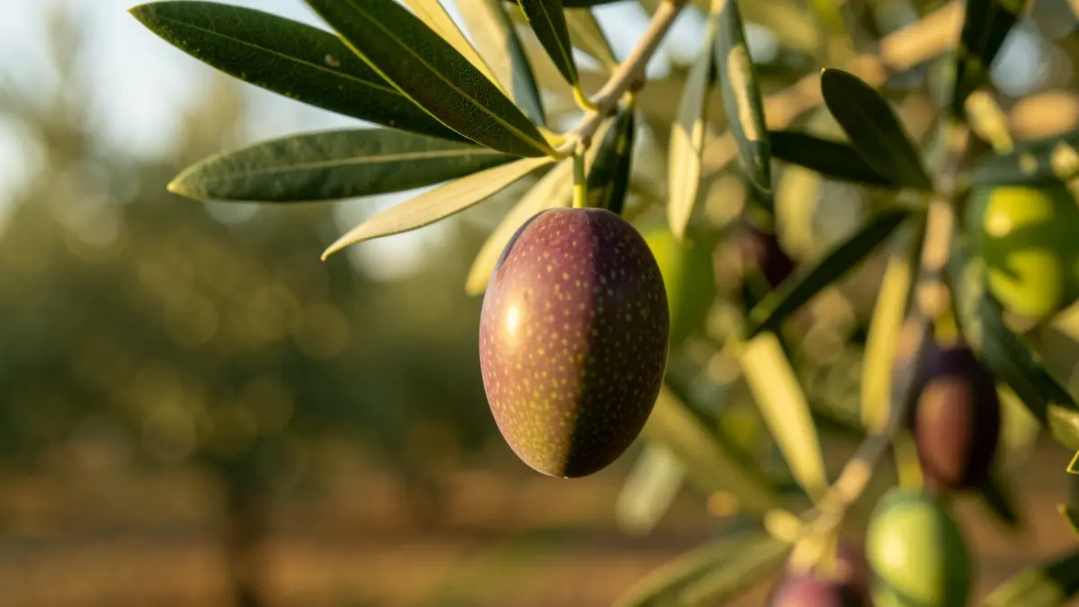 Un raïm d'olives verdes en un branc amb un camp d'oliveres desenfocat al fons.