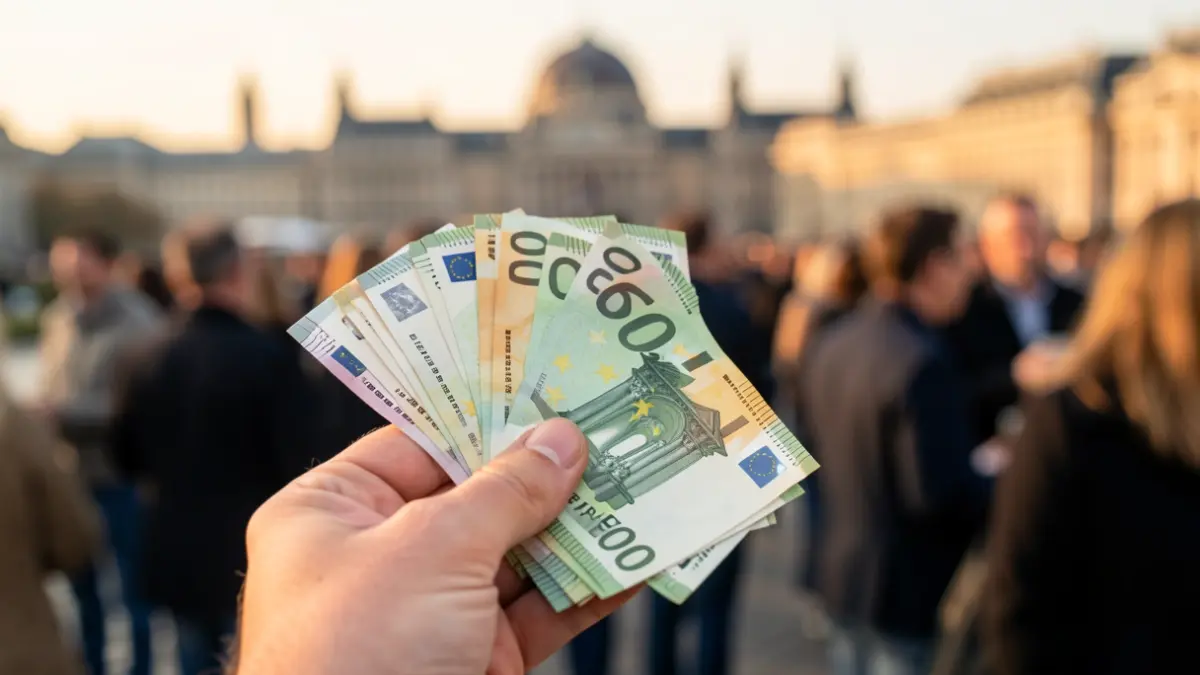 Imatge genèrica de diners amb un edifici governamental al fons.