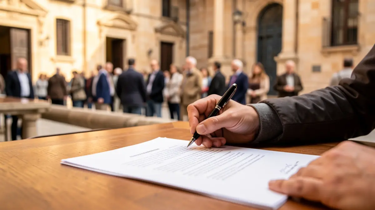 Imatge genèrica d'una mà signant un document en un escriptori.